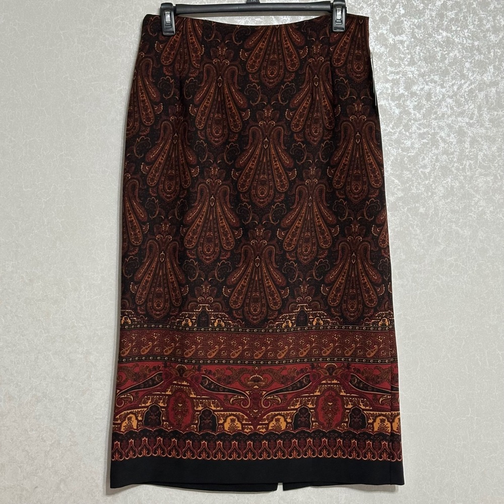 RL Richard VTG Paisley Print Midi‎ Pencil Skirt Stretch Brown Boho Earthy NWT 16